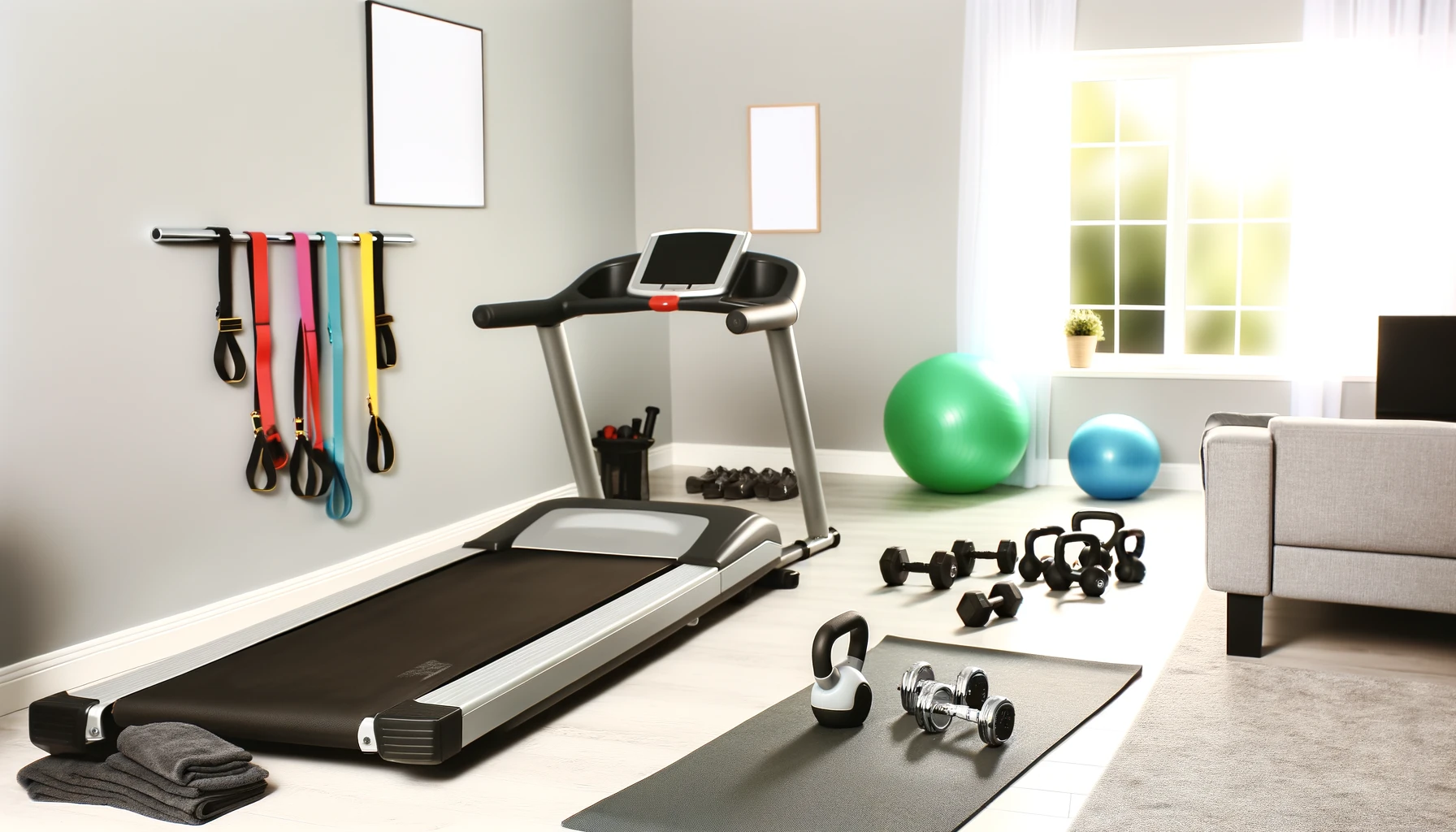 A well-equipped home gym with various workout equipment arranged neatly.
