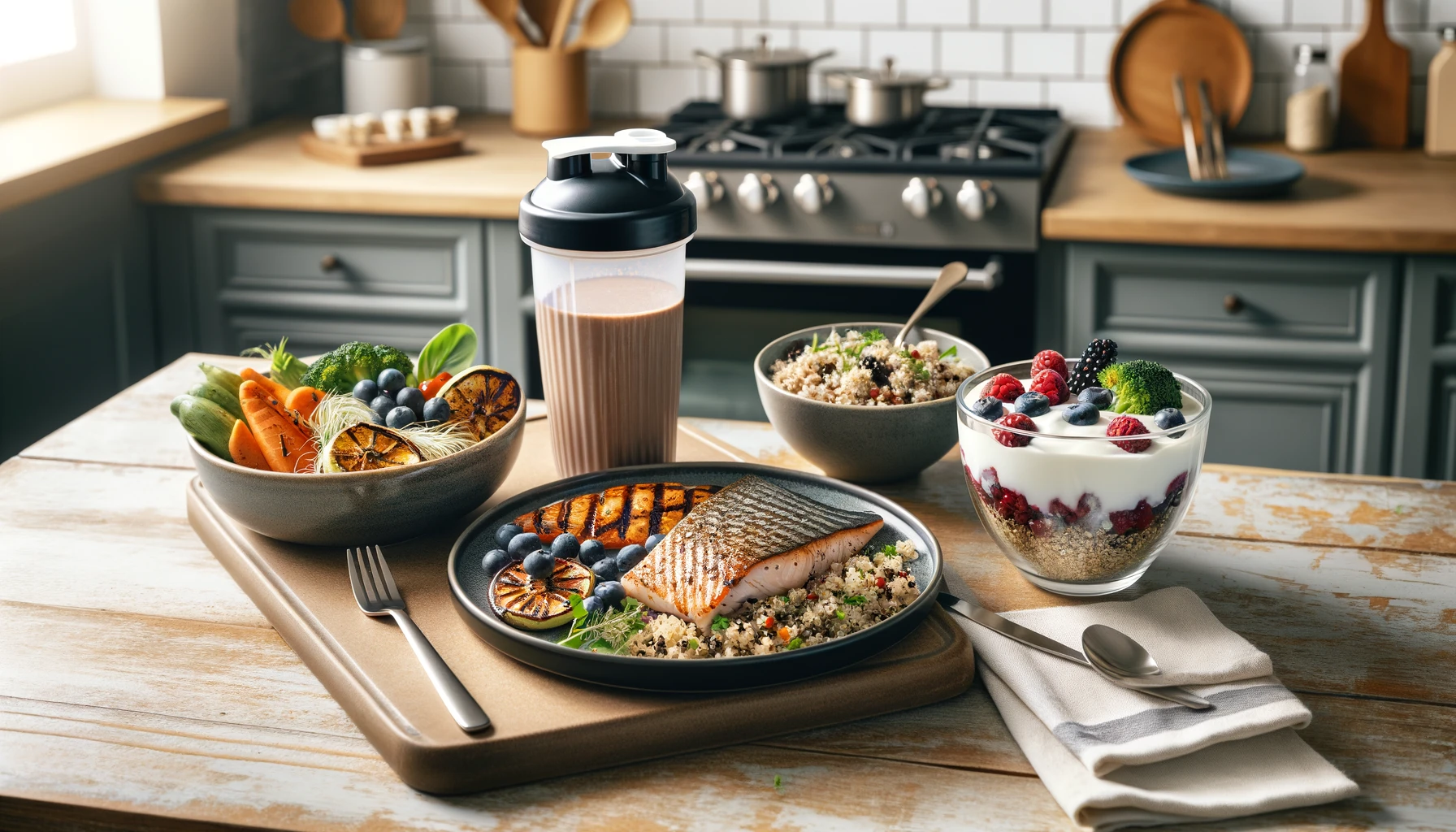 A post-workout nutrition setup on a kitchen counter featuring a protein shake in a shaker bottle, a plate with grilled fish, quinoa, and roasted vegetables, and a bowl of Greek yogurt with mixed berries and granola.