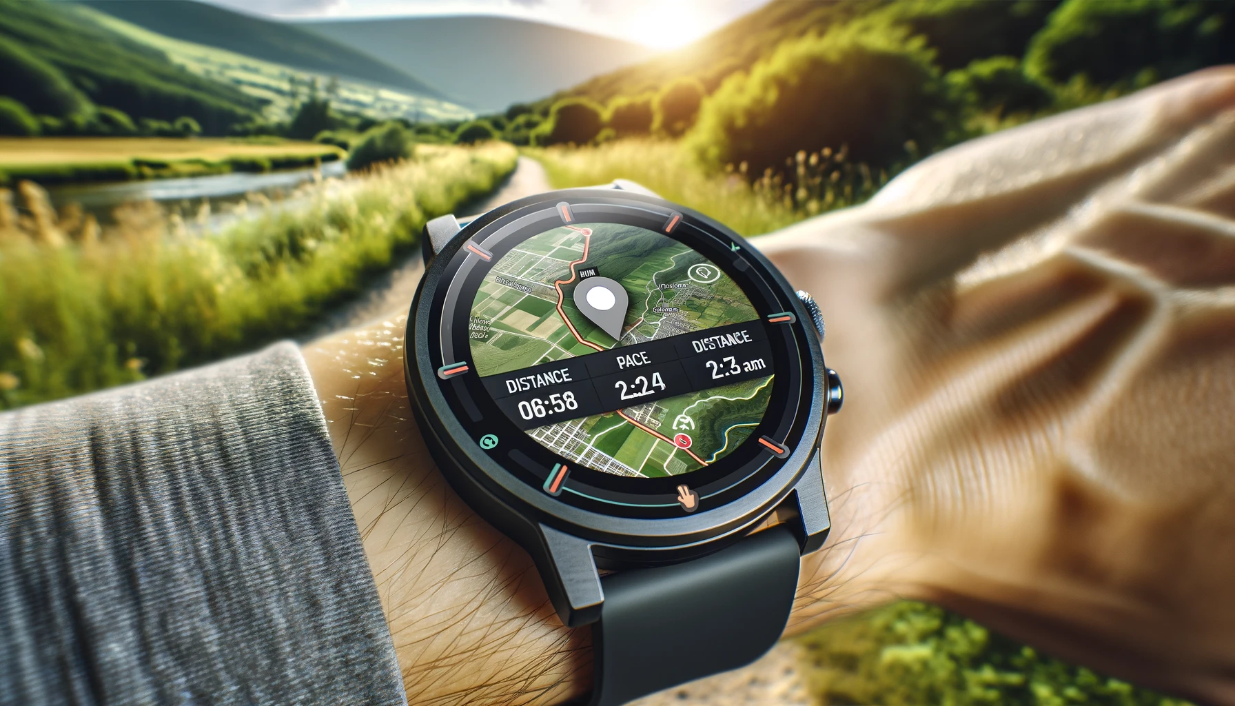 a close-up view of a modern smartwatch displaying a location tracking app for outdoor HIIT workouts.