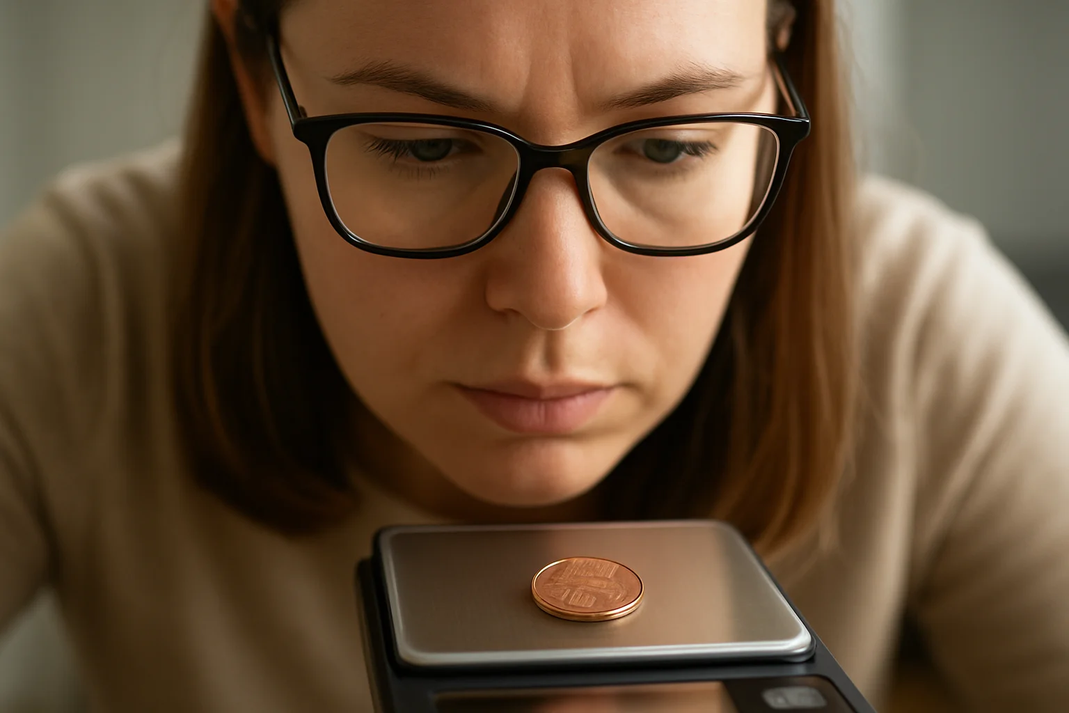A focused woman examines a shiny 1982-D penny resting on a digital scale to determine its metal composition.