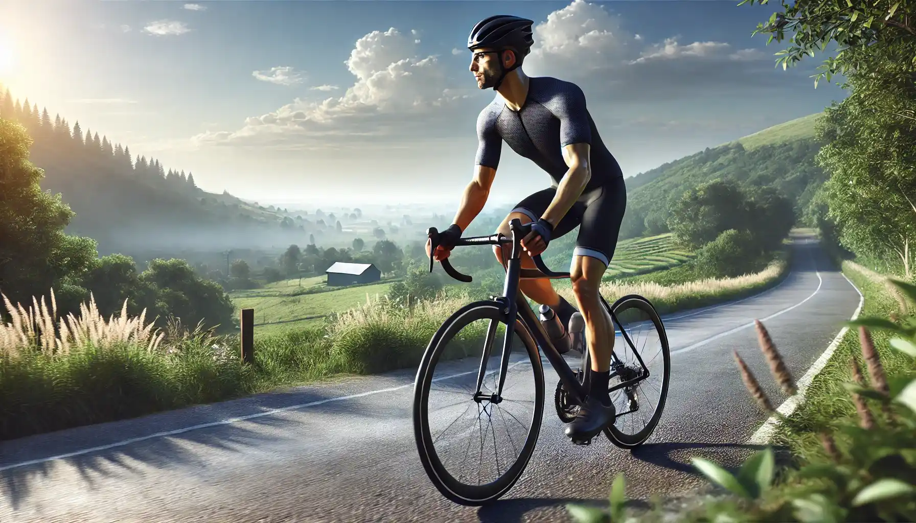 A man is cycling outdoors on a scenic trail.