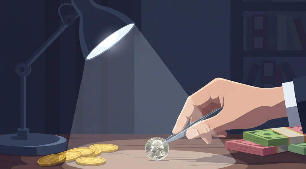 A collector isolating a 1973 quarter under a desk lamp while ignoring flashier coins nearby